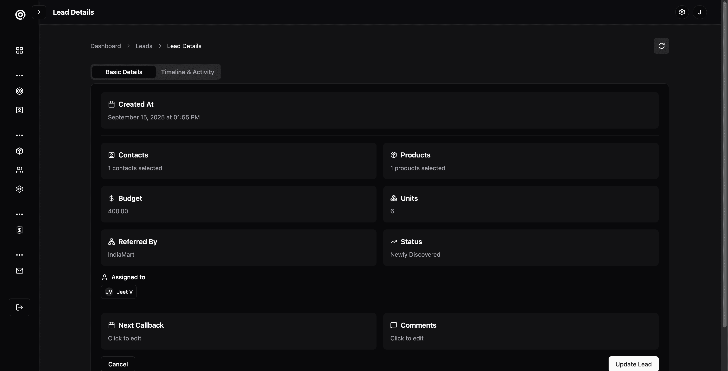 Lead Management Dashboard Screenshot